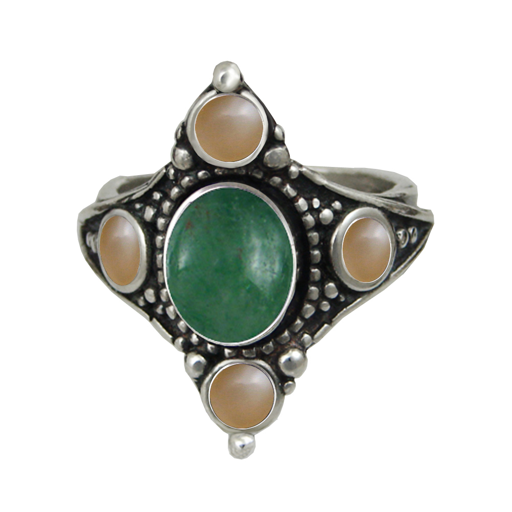 Sterling Silver Renaissance Queen's Ring With Jade And Peach Moonstone Size 10